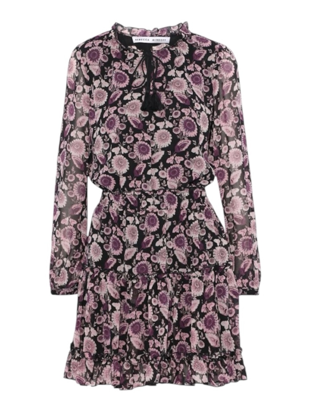 REBECCA MINKOFF Rosemary Mini Floral Ruffle Georgette Dress - Black Pink Size M